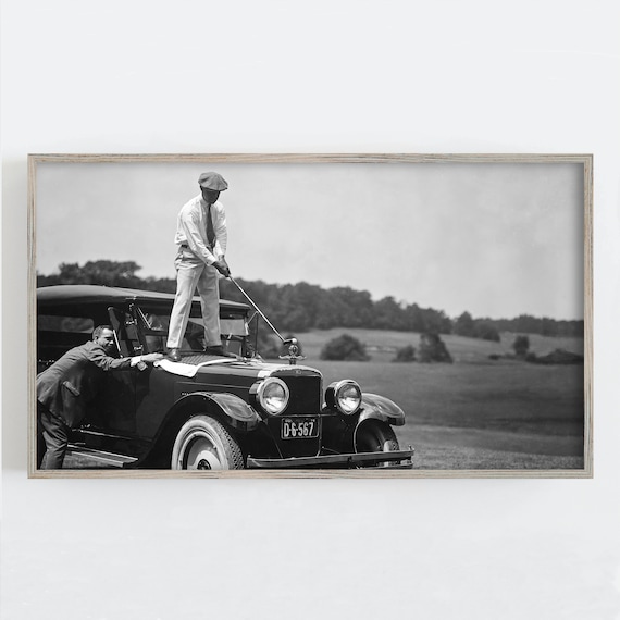 Golf Frame Tv Art Golfer On Top Of Car Black And White Vintage Wall Art Golf Wall Art Funny Antique Car Art