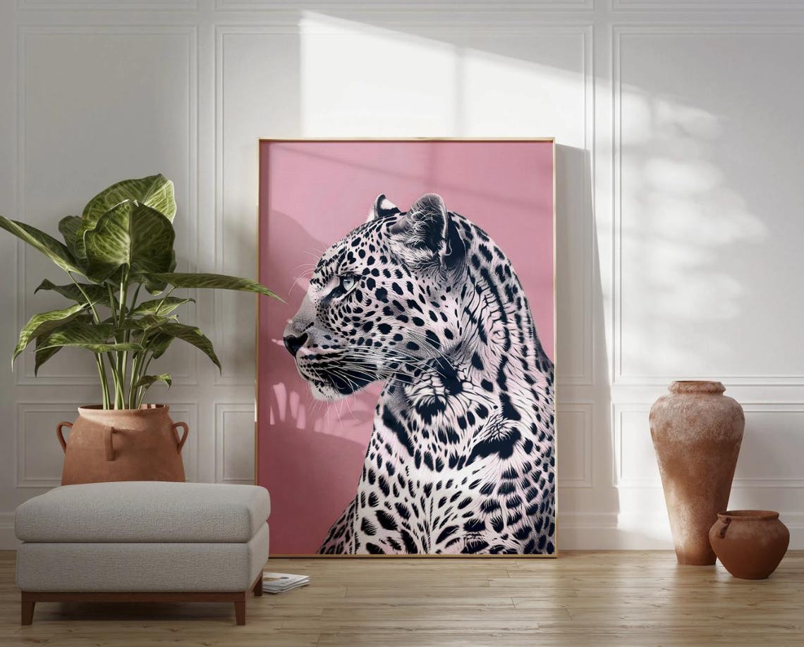 Pink Background Leopard Profile Monochrome Wild Cat Art Poster - Image 2
