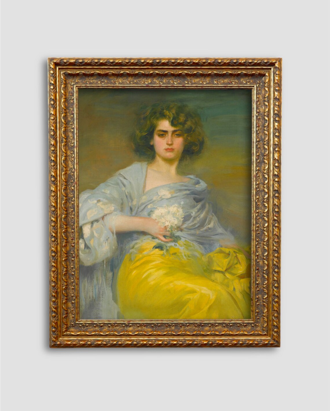 Moody Woman Portrait Blue Shawl Holding White Flowers Oil Poster - Image 3
