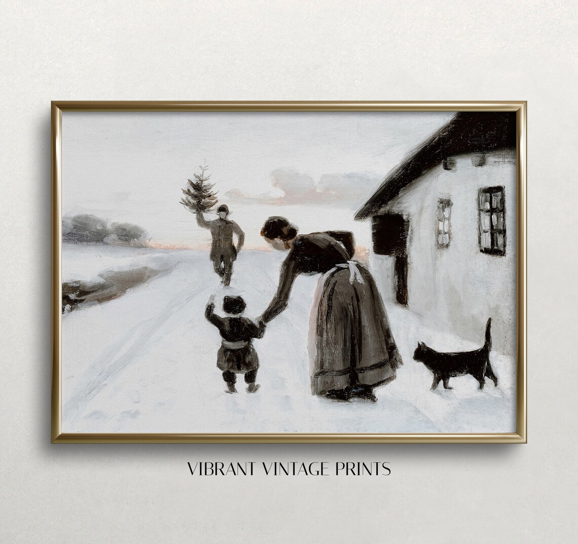Family Bringing Christmas Tree Home Snowy Path Minimalist Winter Print