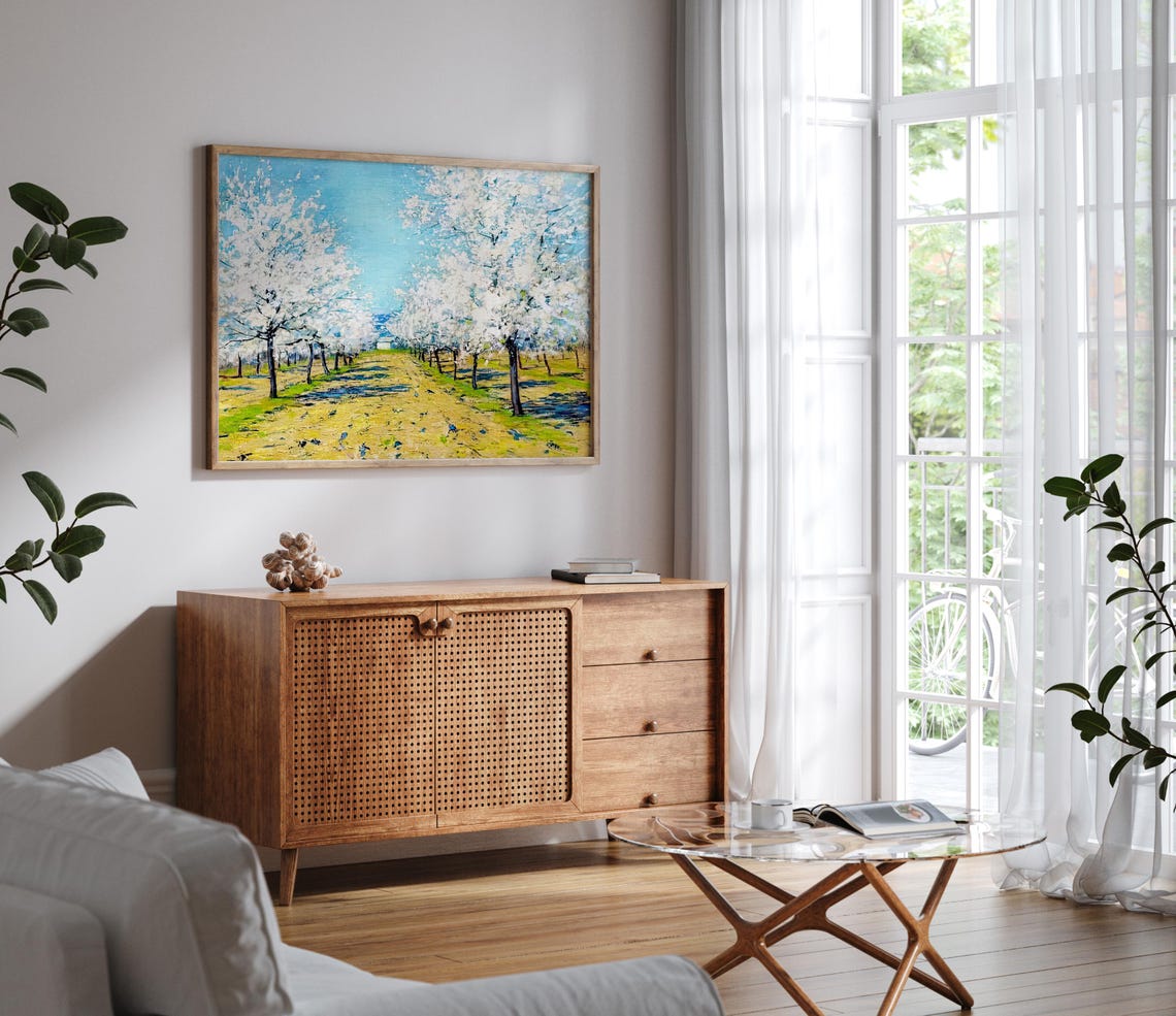 White Blossom Orchard Vintage Spring Landscape Painting Poster - Image 2