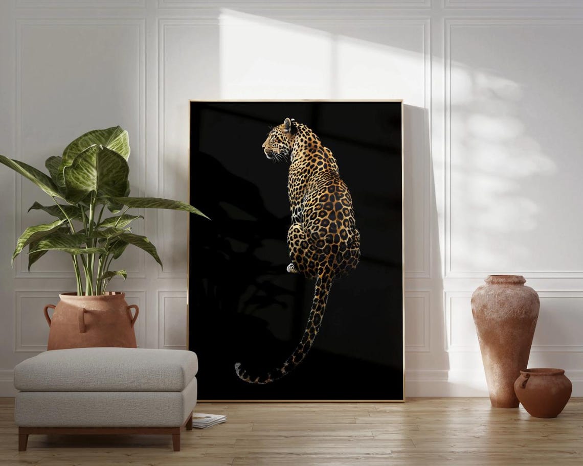 Leopard Sitting Against Black Background Dramatic Big Cat Photo Poster - Image 3