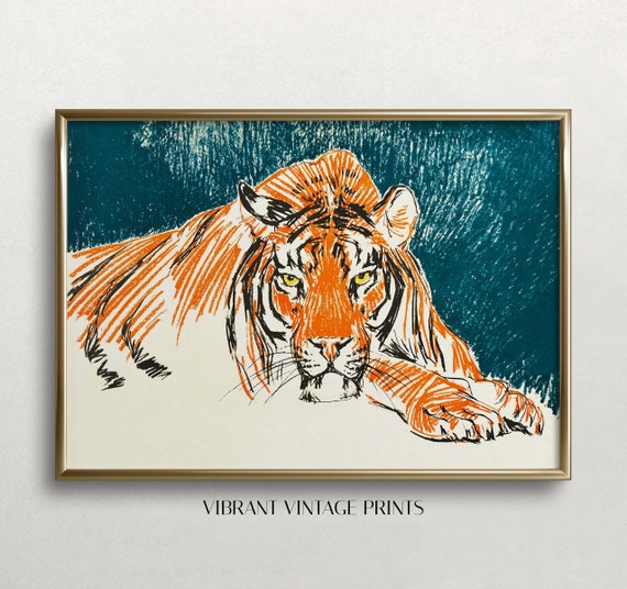 Vintage Tiger Art Print, Colorful Retro Wall Decor