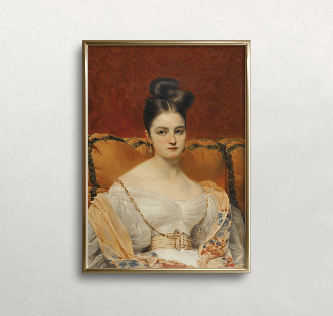 Young Woman In White Gown Rust Red Background Vintage Portrait Print
