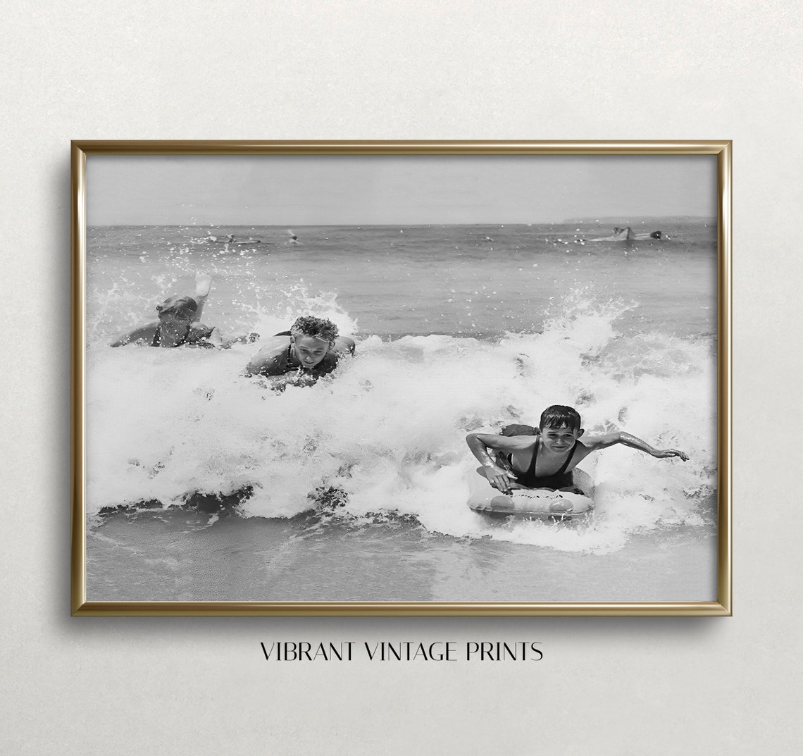 Surf Wall Art Black And White Art Vintage Wall Art Old Photo Beach Wall Art Boogie Board Surfing Wall Art
