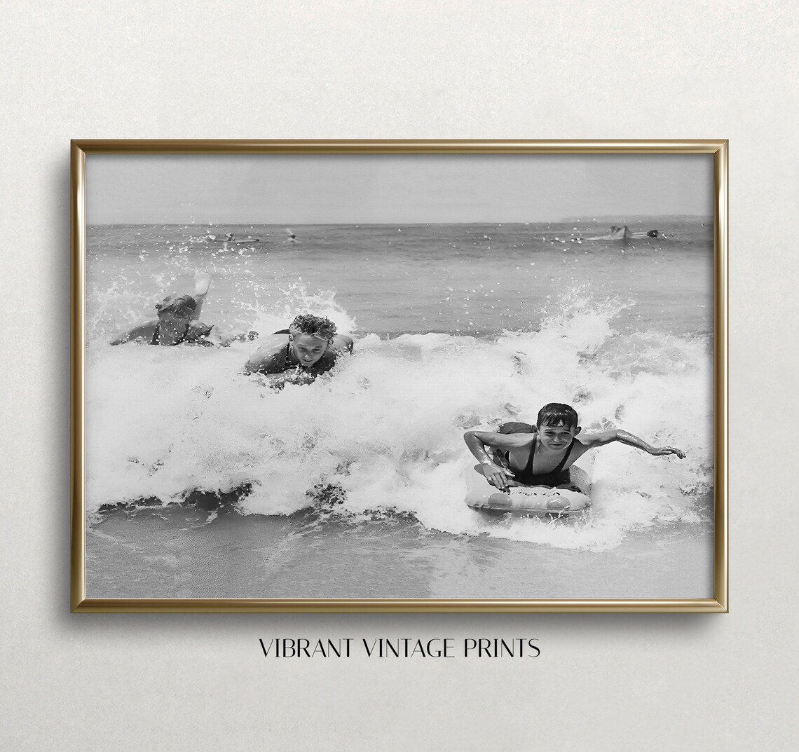 Vintage Children Bodysurfing Waves Black and White Beach Photo Poster