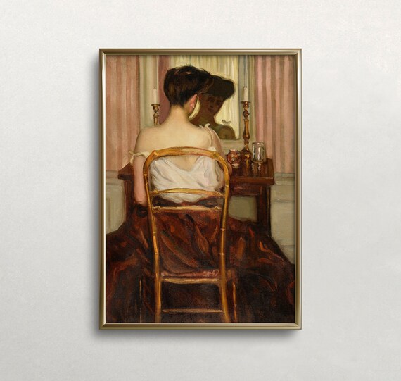 Woman At Vanity Mirror Back View Classical Painting Vintage Art Print
