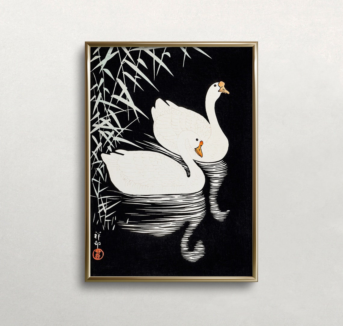 Two White Geese Among Bamboo Reeds Black Japanese Style Print