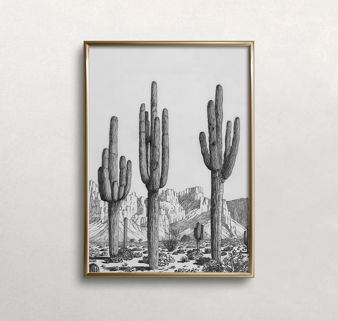 Saguaro Cactus Trio Desert Mountain Line Art Minimalist Poster - Image 3