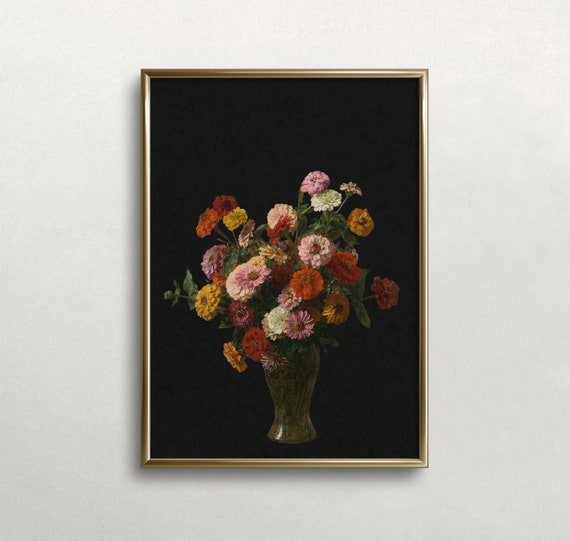 Moody Floral Art Vintage Wall Art Dark Moody Colors Zinnias Wall Art Flowers Wall Art Wall Art 224