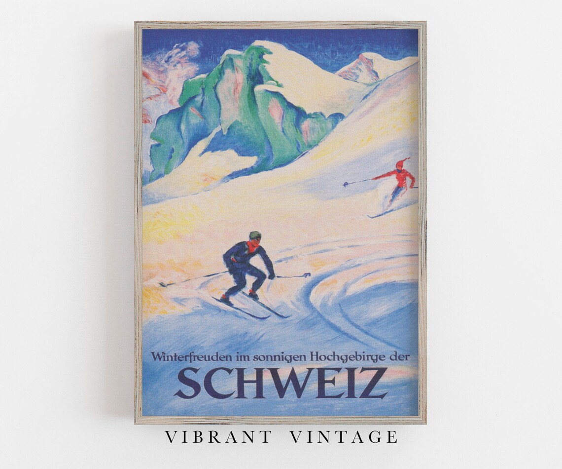 Switzerland Vintage Ski Travel Poster, Schweiz
