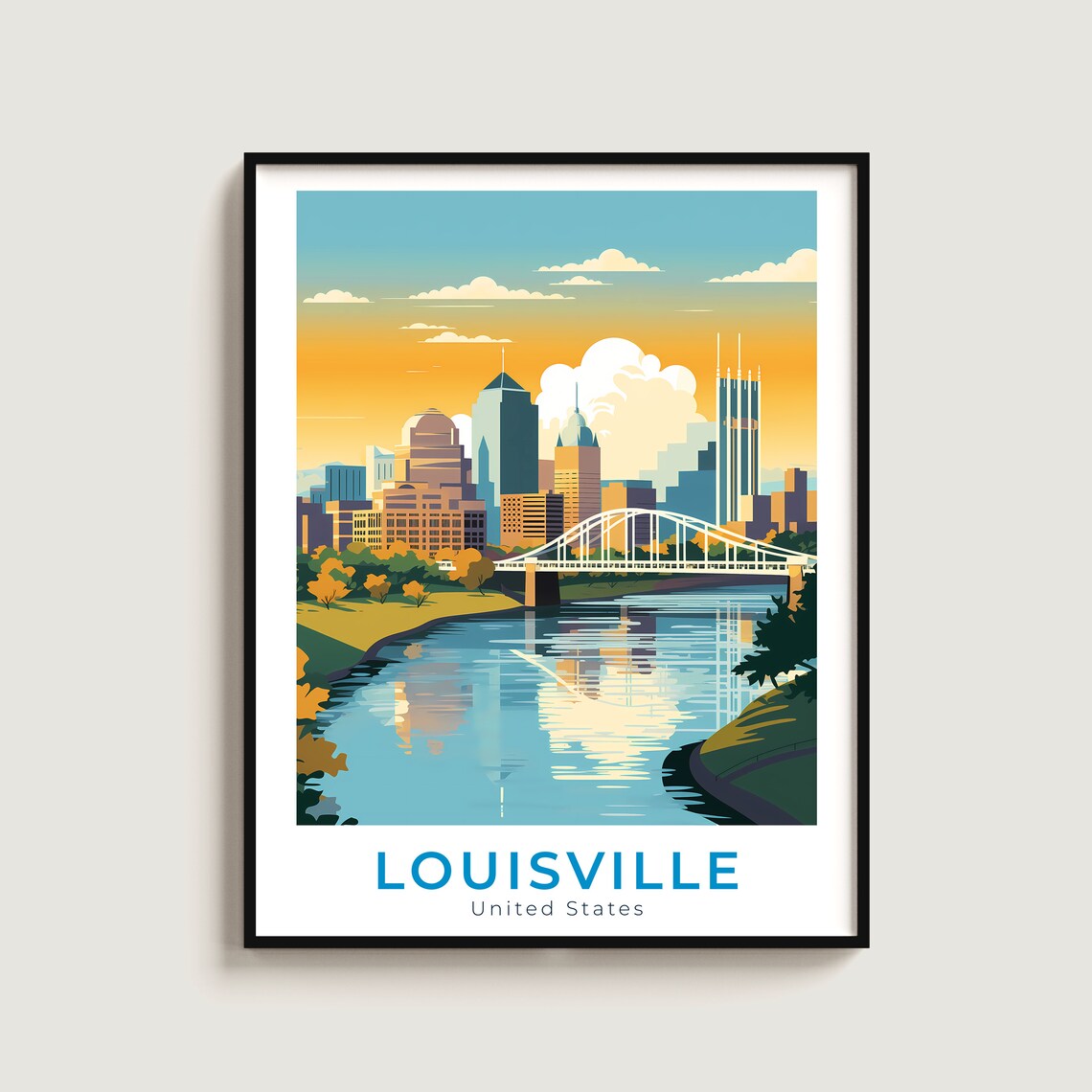 Louisville Kentucky Sunset Skyline River Bridge Vintage Travel Poster
