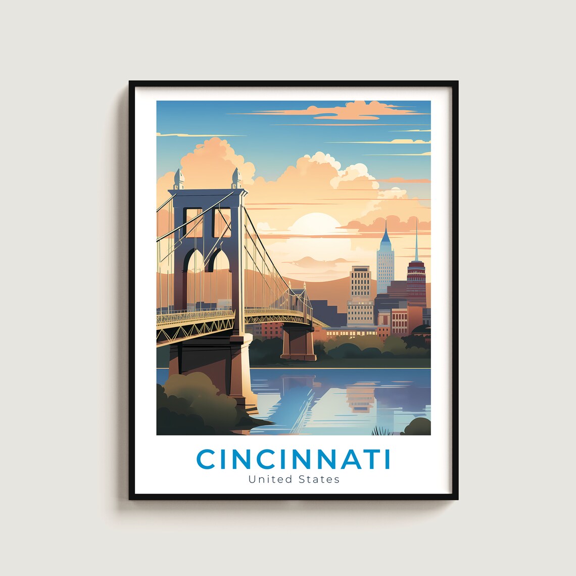 Cincinnati Ohio Roebling Bridge Skyline Sunset Vintage Travel Poster