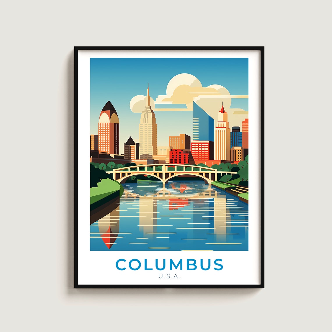 Columbus Ohio Downtown Skyline River Bridge Retro Travel Poster