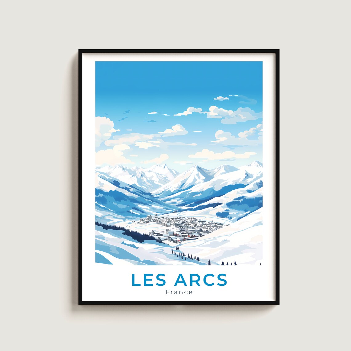 Les Arcs France Alpine Ski Village Snowy Valley Retro Travel Poster