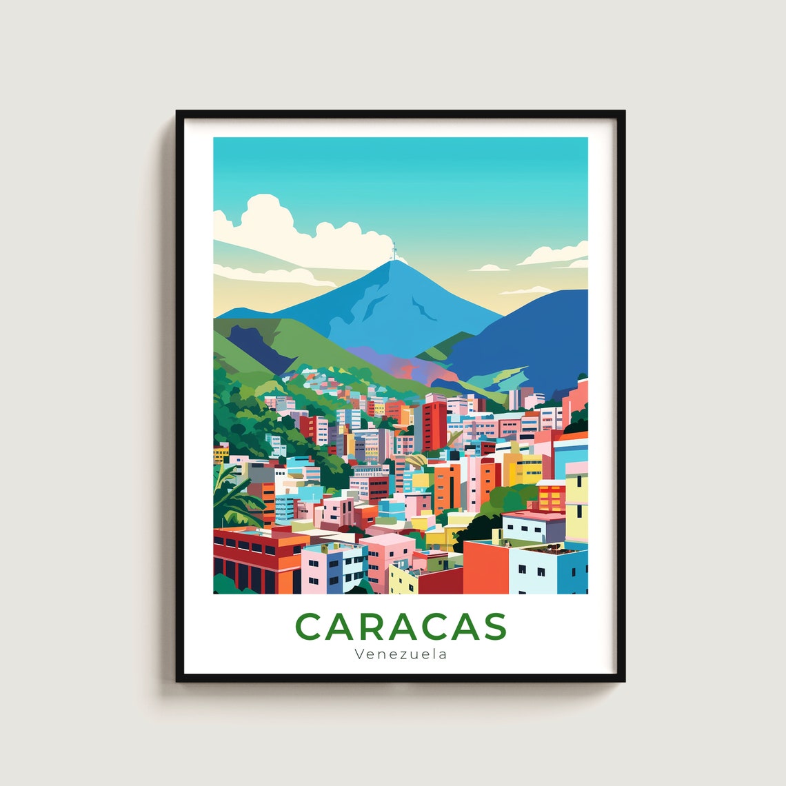 Caracas Venezuela Travel Poster Hillside City Mountain View Scene