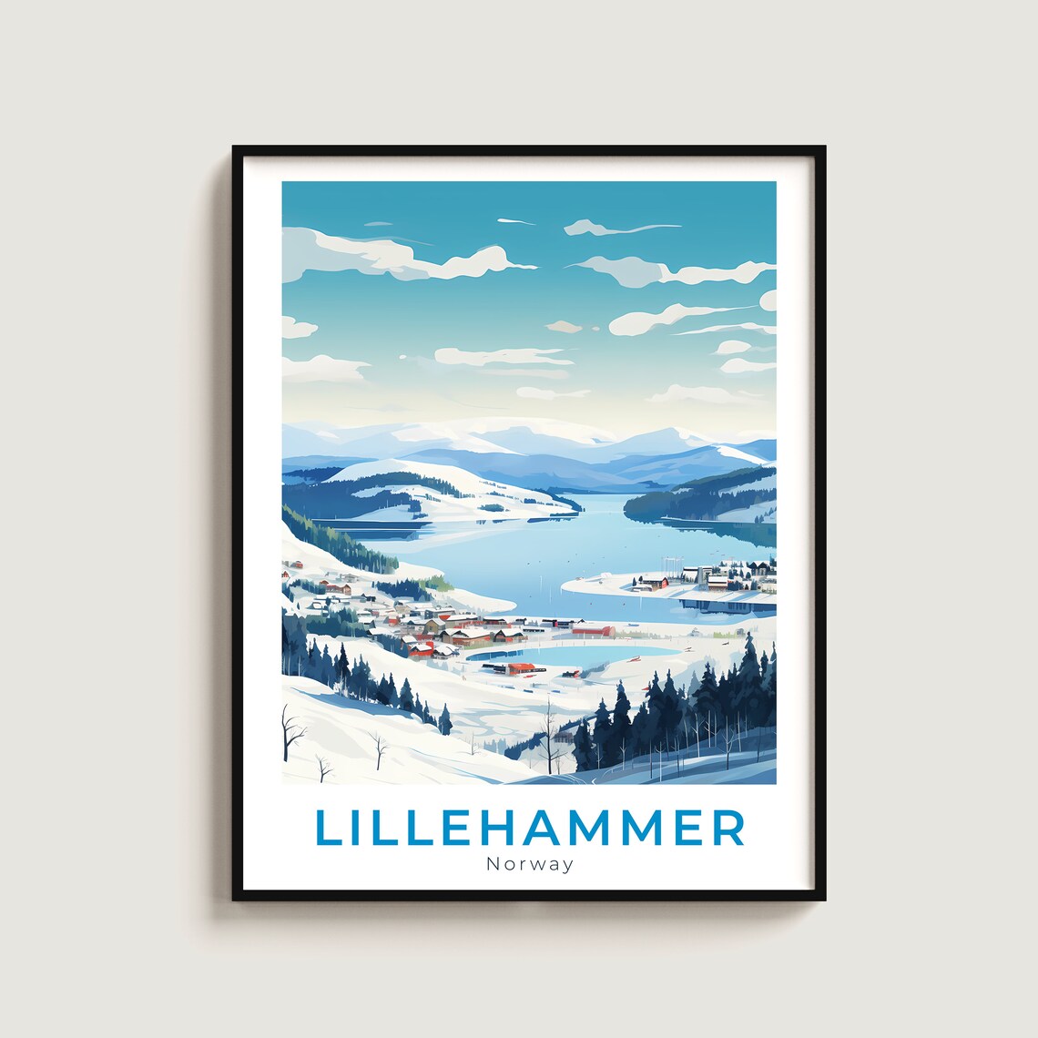 Lillehammer Norway Snowy Lake Town Winter Scenic Mountain View Poster