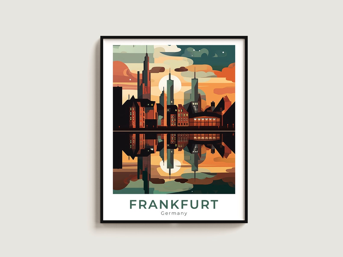 Frankfurt Skyline Sunset Reflection River Illustrated Travel Poster