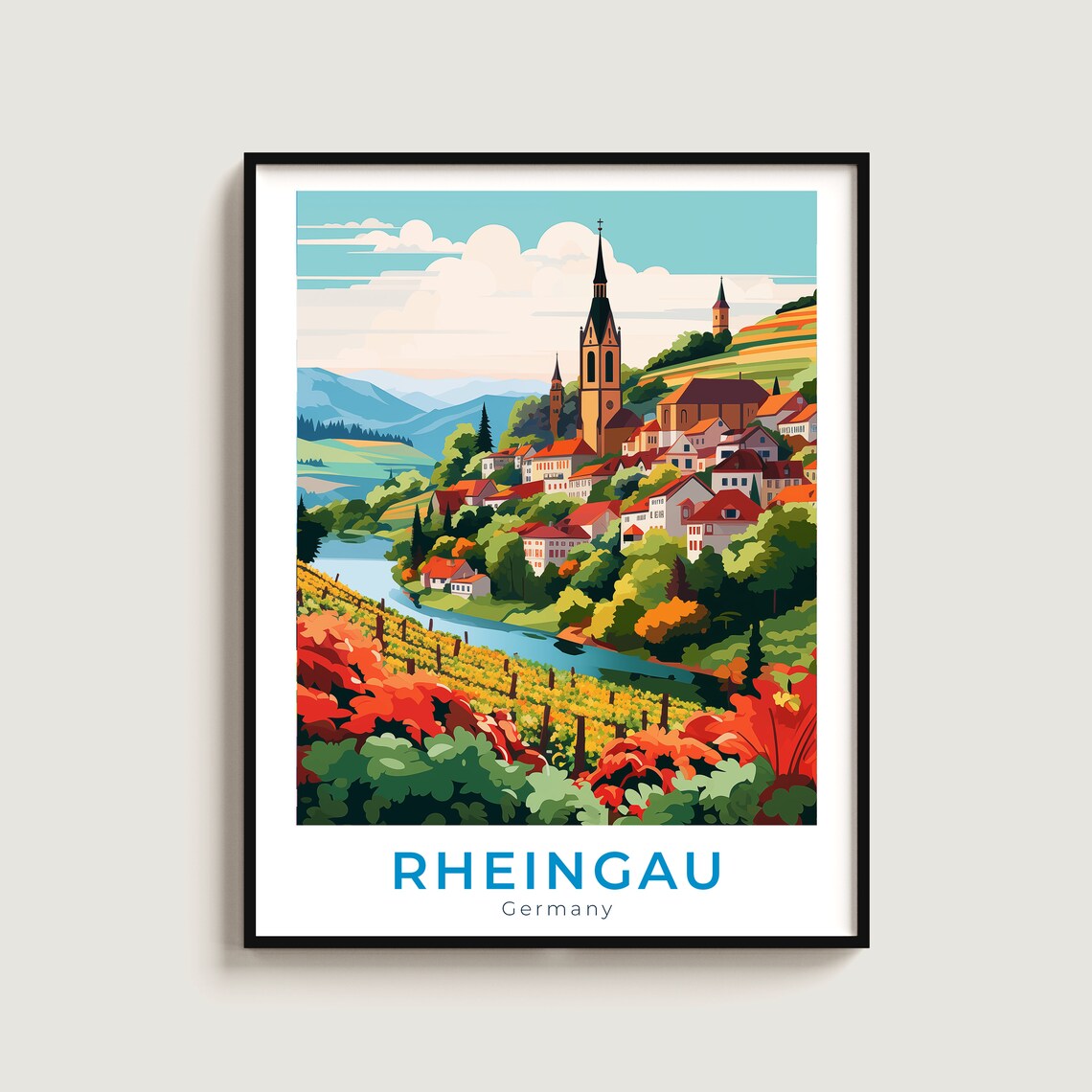 Rheingau Germany Travel Poster Riverside Village Church Spires