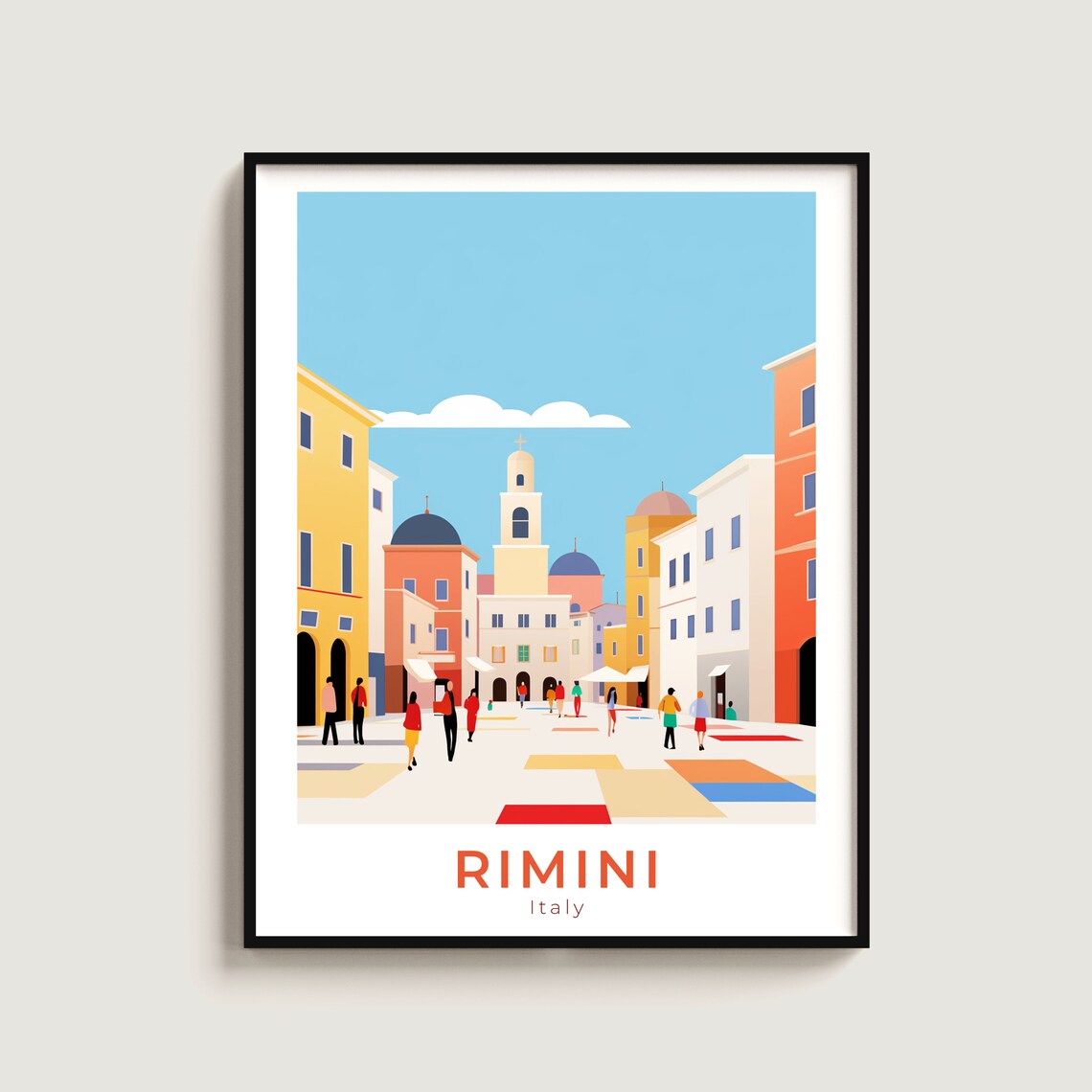 Rimini Italy Colorful Old Town Street Church Tower Travel Poster