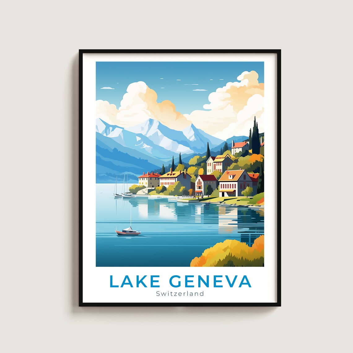 Lake Geneva Switzerland Lakeside Village Alps Peaks Travel Poster