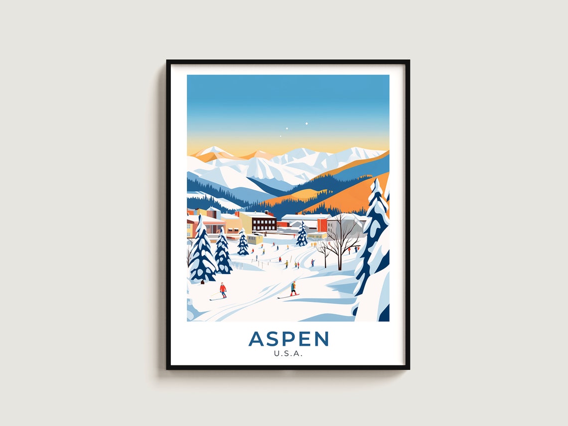 Aspen USA Skiers on Slopes Village Sunset Mountain Travel Poster