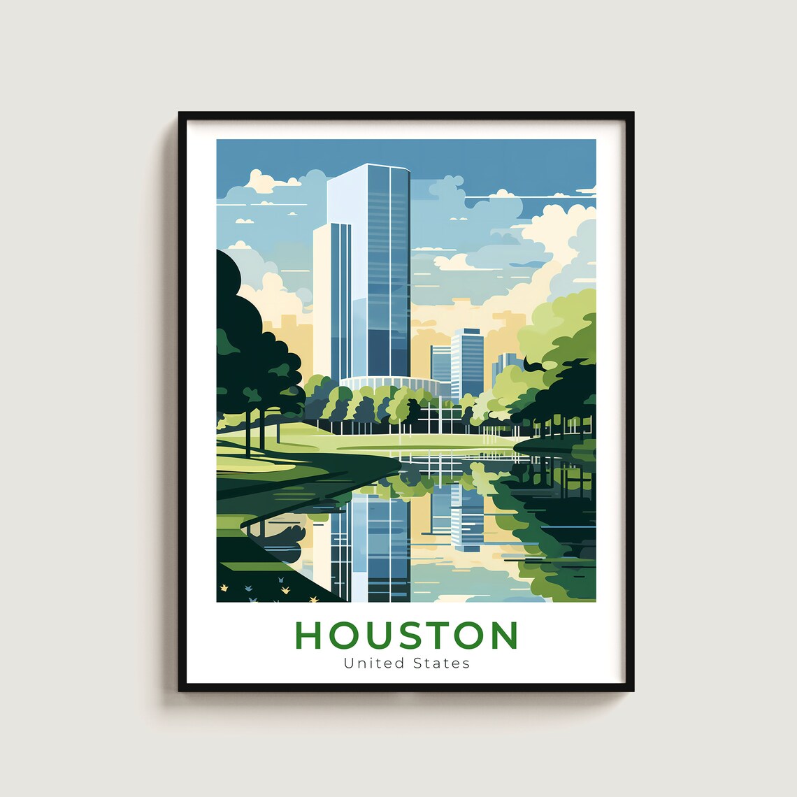 Houston Texas Downtown Tower Park Lake Skyline Travel Poster