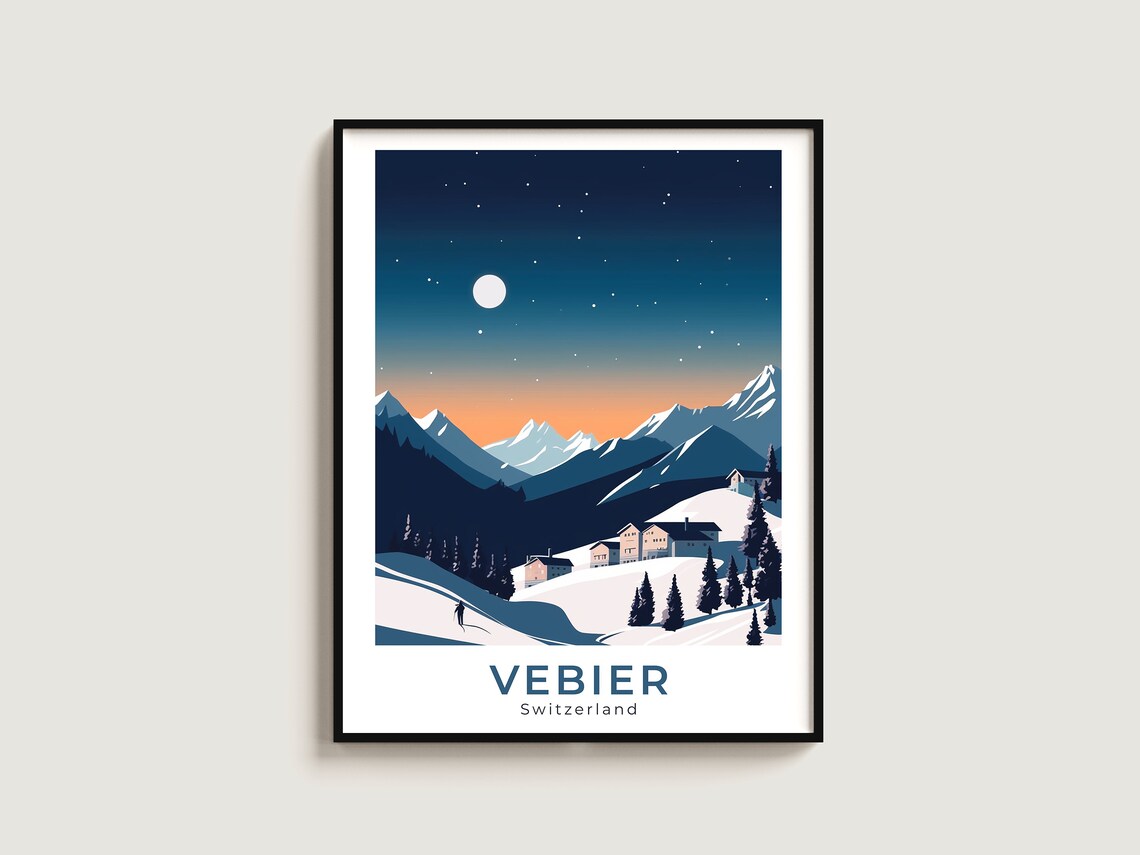 Vebier Switzerland Starry Night Moonlit Chalets Ski Travel Poster