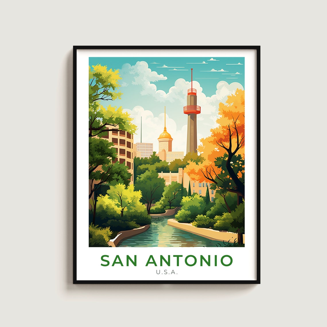 San Antonio River Walk Tower Downtown Sunset Retro Travel Poster