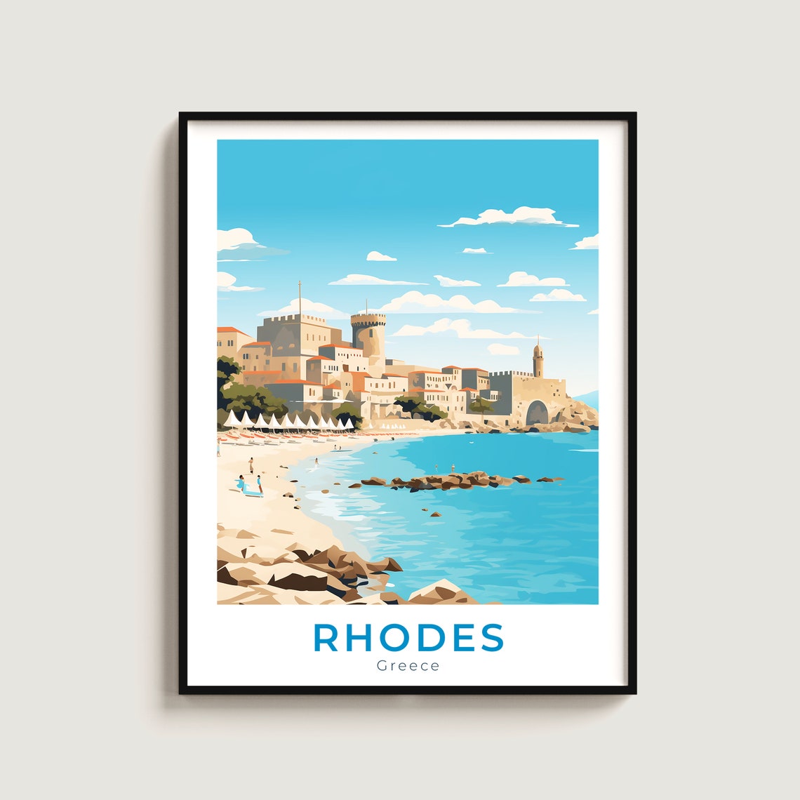 Rhodes Greece Medieval Old Town Beach Fortress Travel Poster