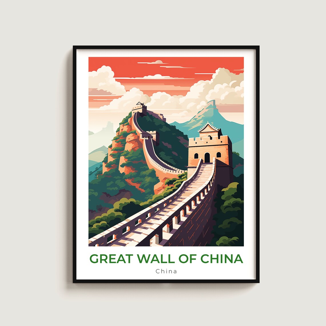 Great Wall Of China Sunset Watchtower Ridge Mountain Travel Poster
