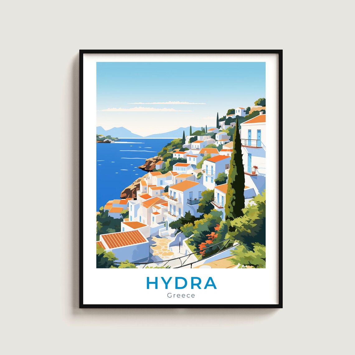 Hydra Greece Hillside White Houses Coastal Cliffs Travel Poster
