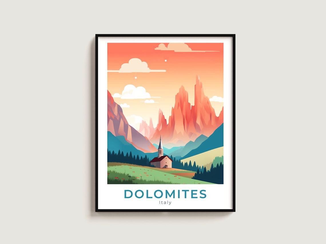 Dolomites Italy Alpine Church Mountain Sunset Valley Travel Poster