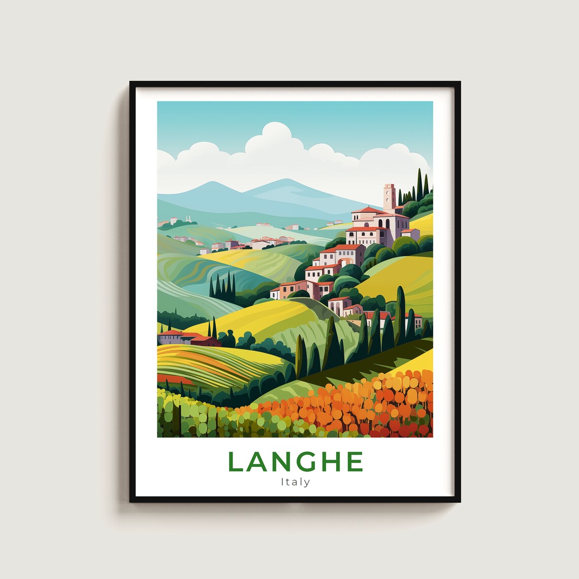 Langhe Italy Travel Poster Rolling Hills Cypress Village Vineyards
