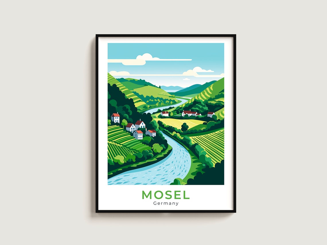 Mosel Germany Travel Poster Winding River Vineyard Hills Scene