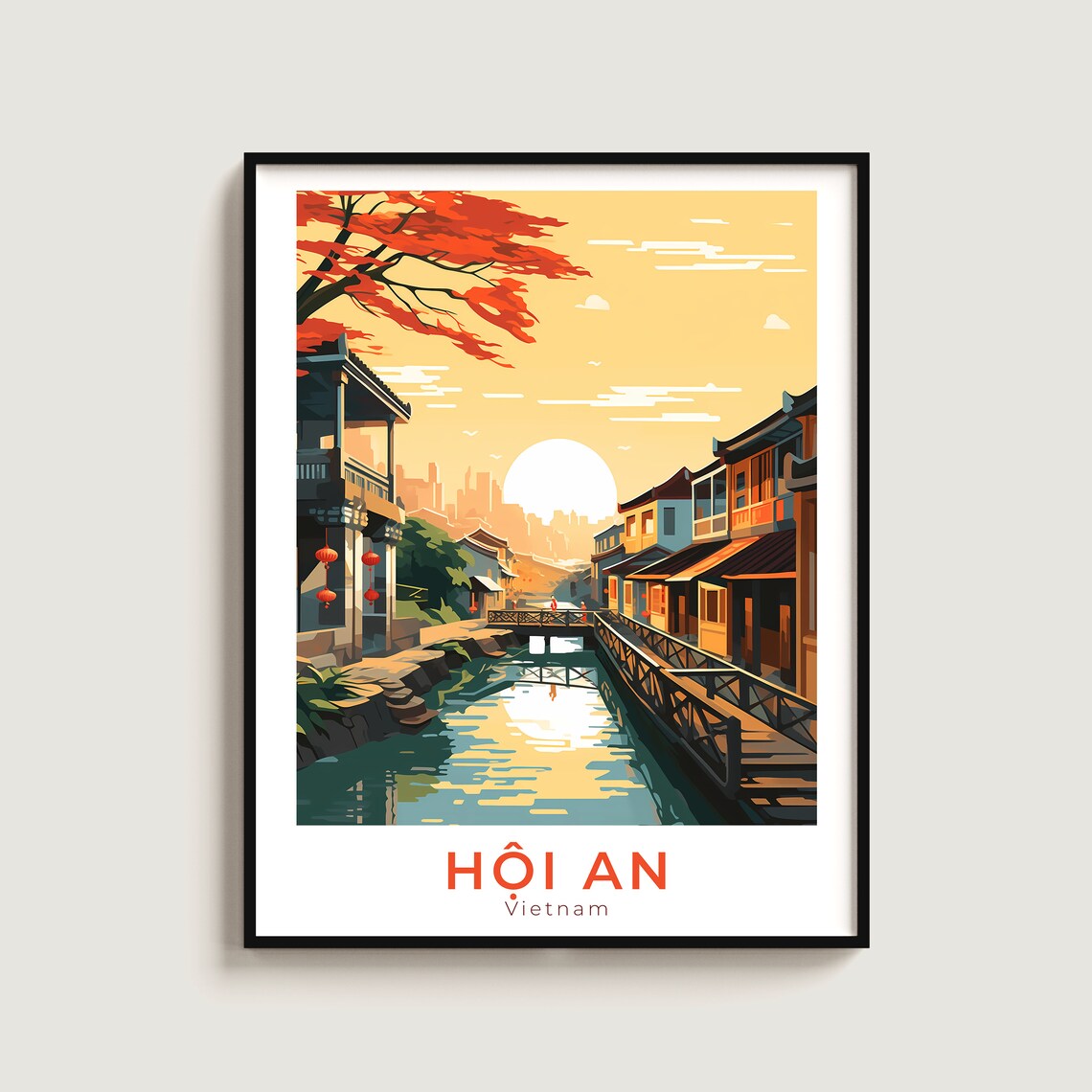 Hoi An Vietnam Lantern Canal Sunset Vintage Travel Art Poster