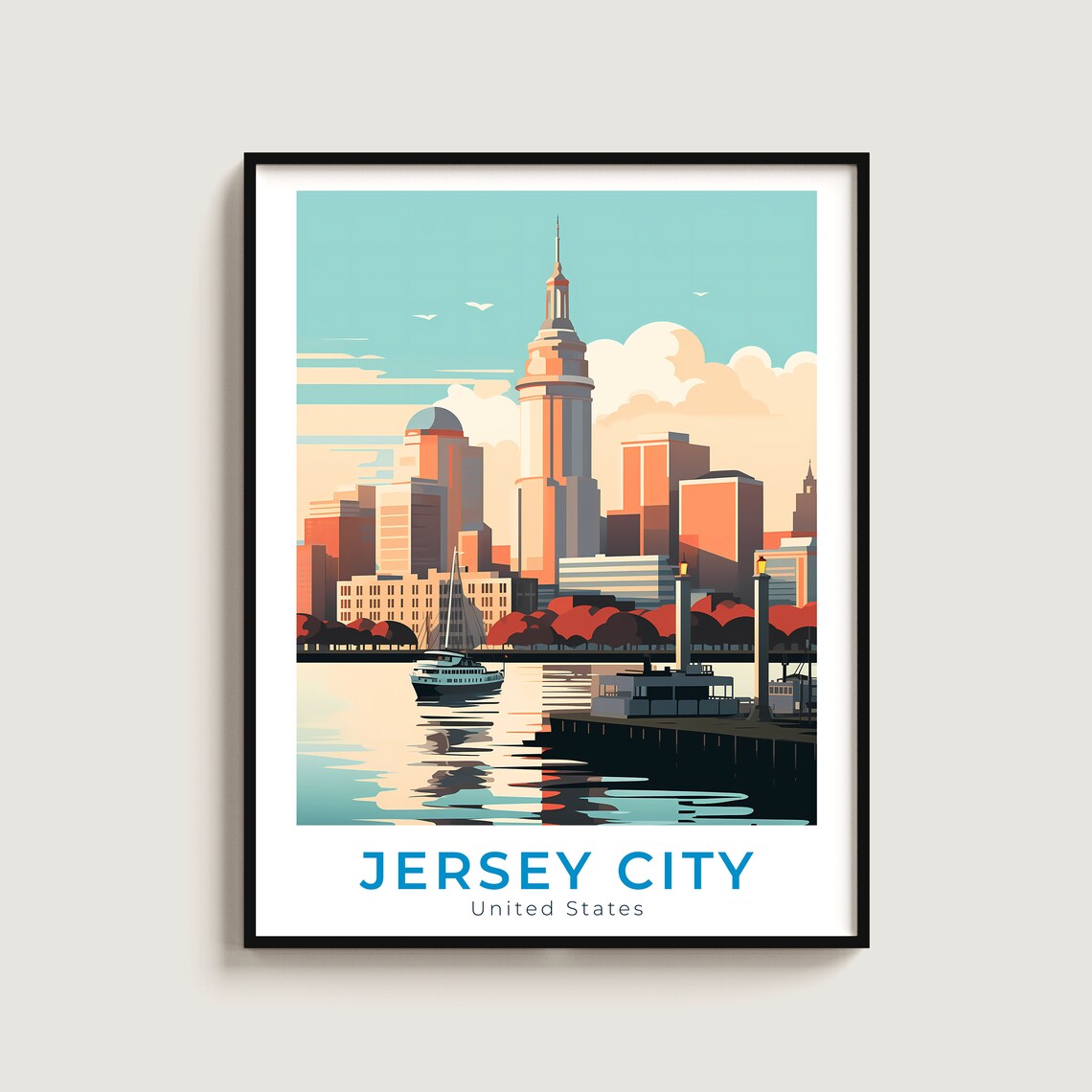 Jersey City New Jersey Waterfront Ferry Skyline Vintage Travel Poster