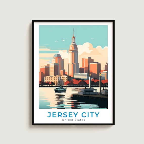 Jersey City New Jersey Waterfront Ferry Skyline Vintage Travel Poster