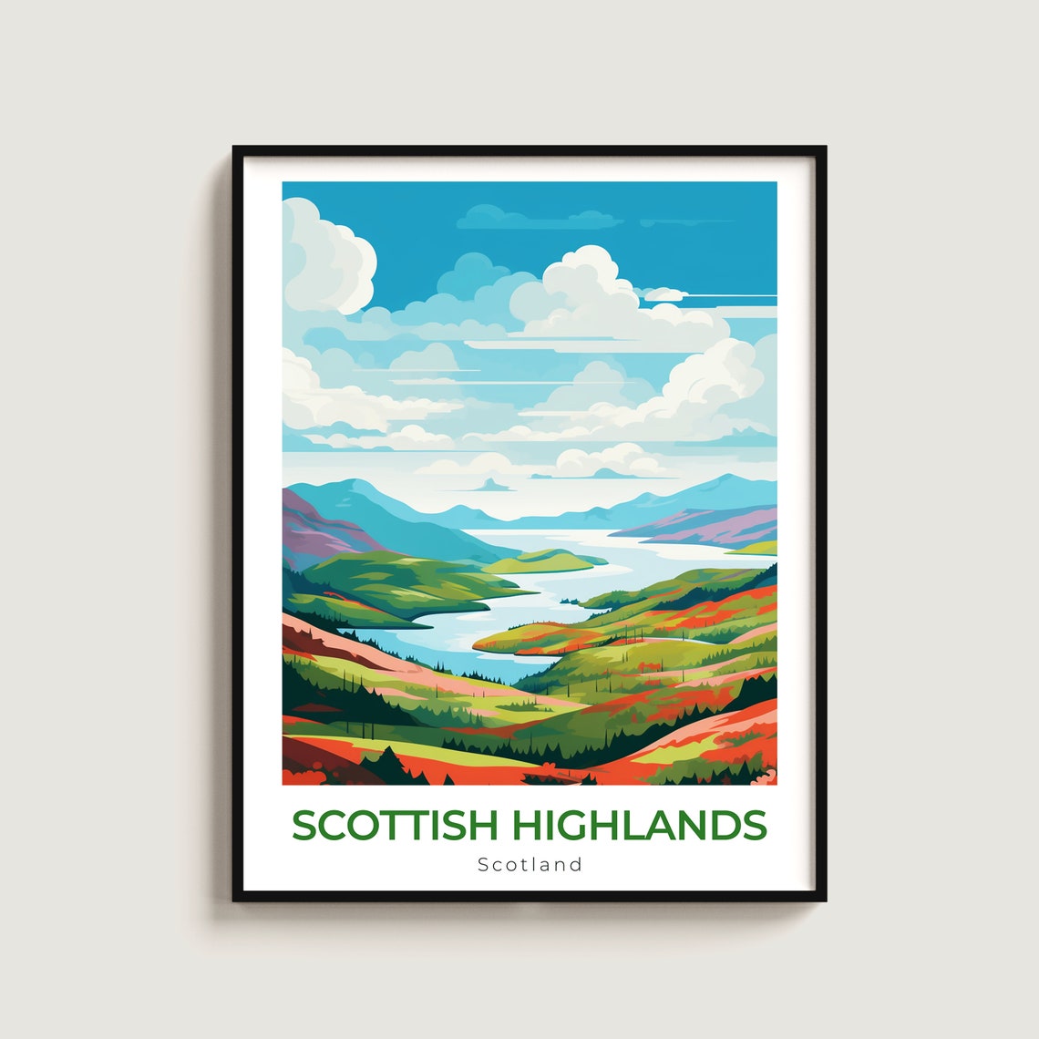 Scottish Highlands Scotland Rolling Hills Loch Mountain Travel Poster
