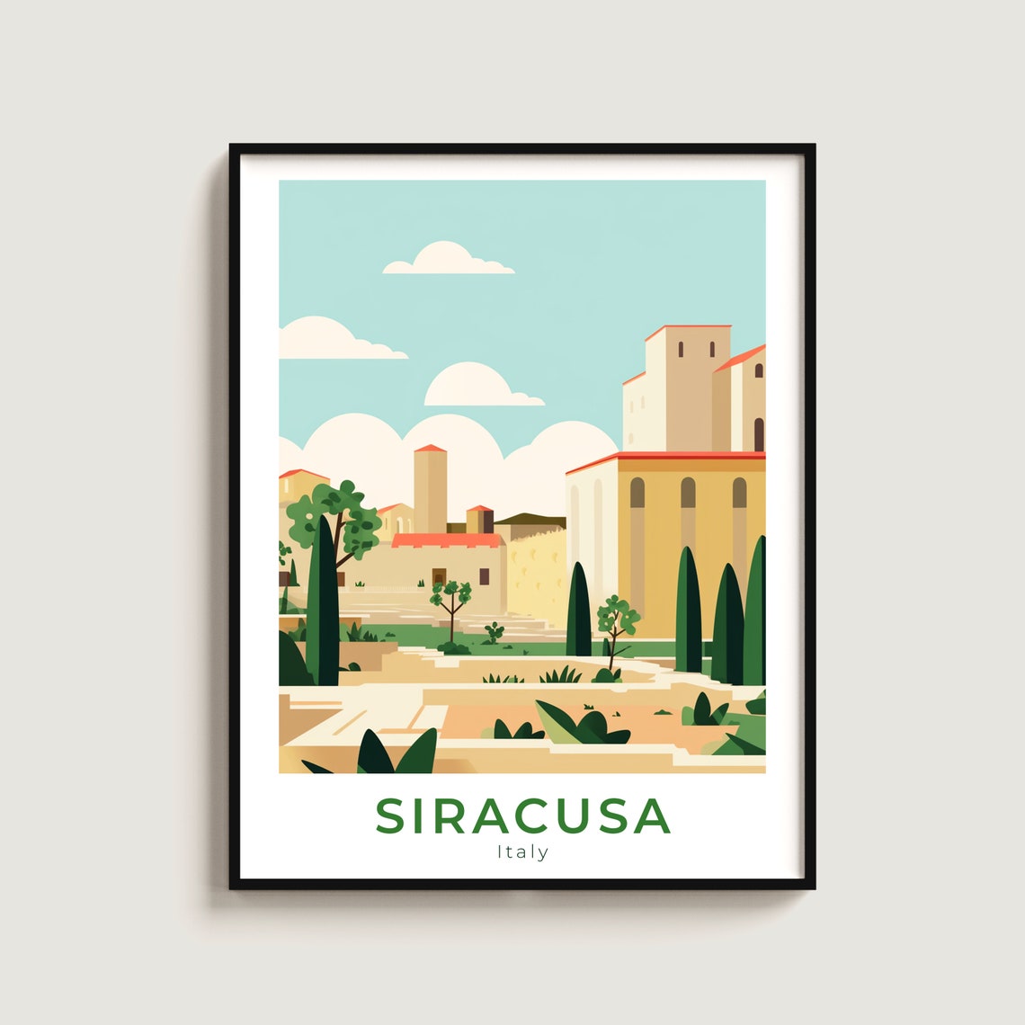 Siracusa Italy Ancient Ruins Courtyard Vintage Travel Poster Art