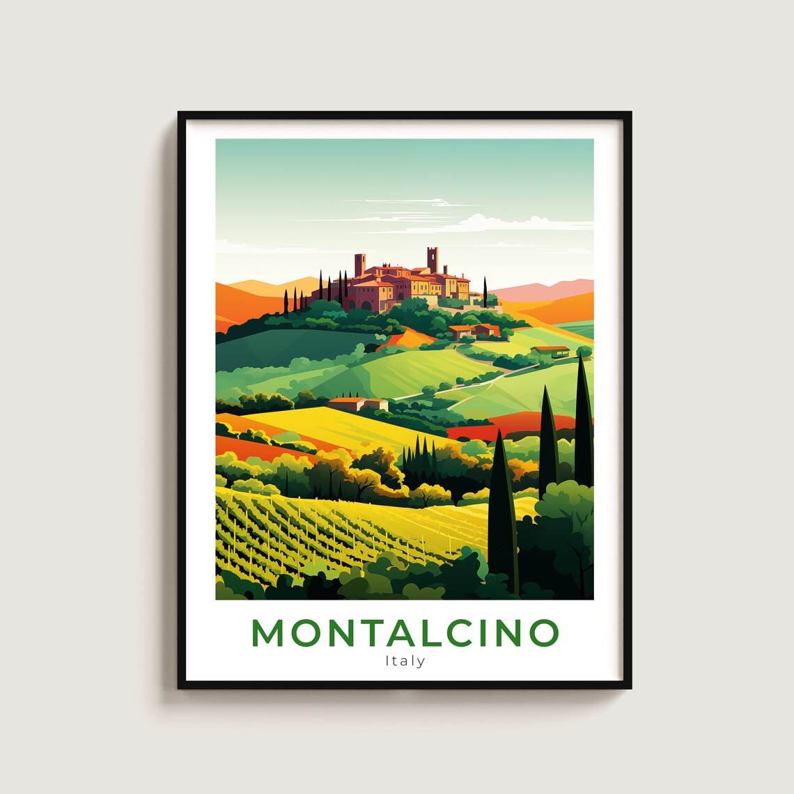 Montalcino Italy Tuscan Hilltop Town Vineyard Sunset Travel Poster
