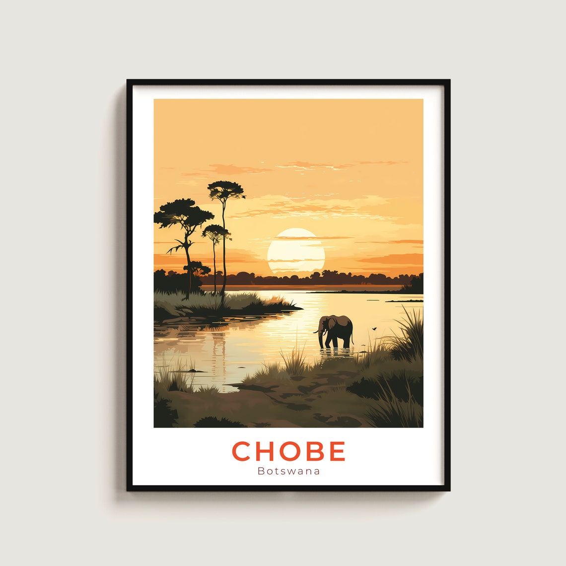 Chobe Botswana Elephant River Sunset Safari Vintage Travel Poster