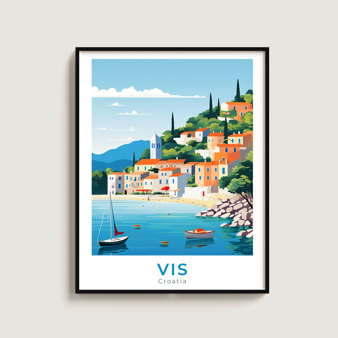 Vis Island Croatia Fishing Village Harbor Sailboats Travel Poster