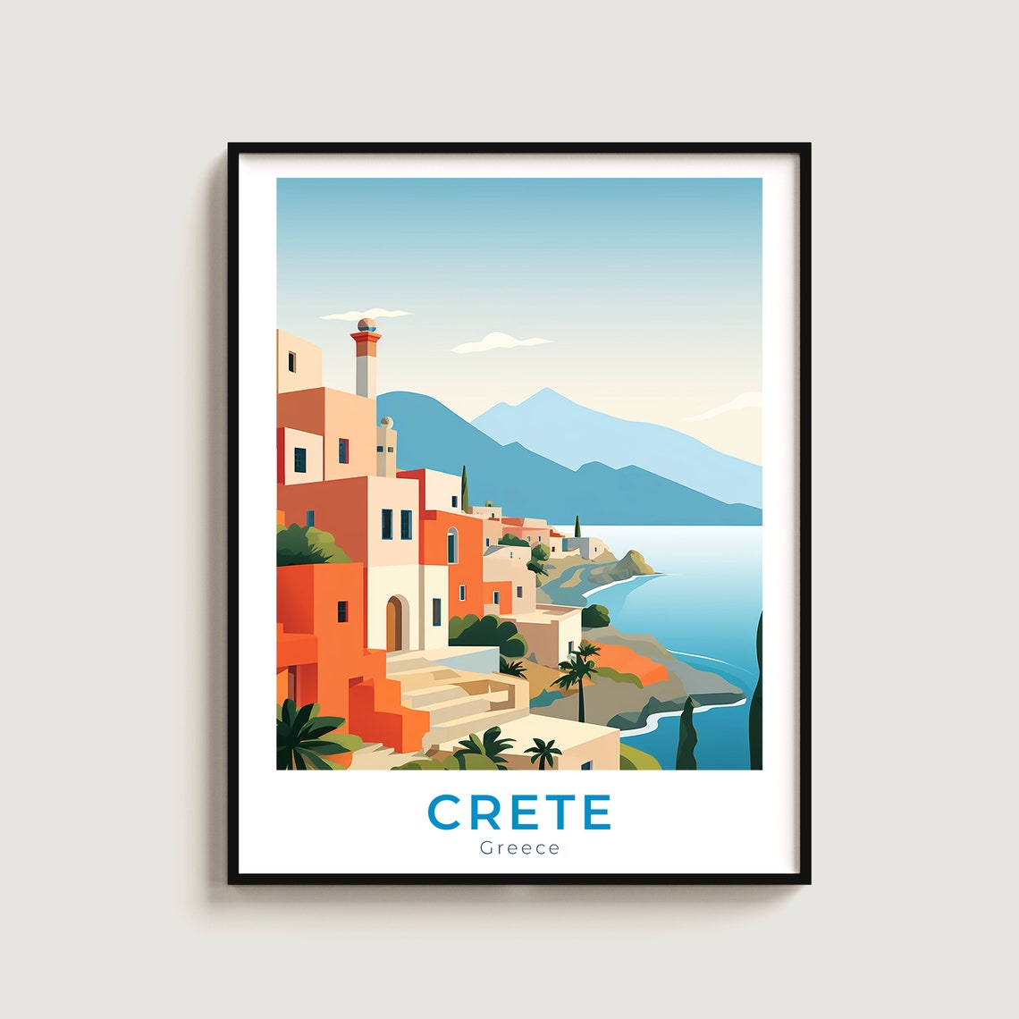 Crete Greece Coastal Town Warm Tones Mountain View Travel Poster