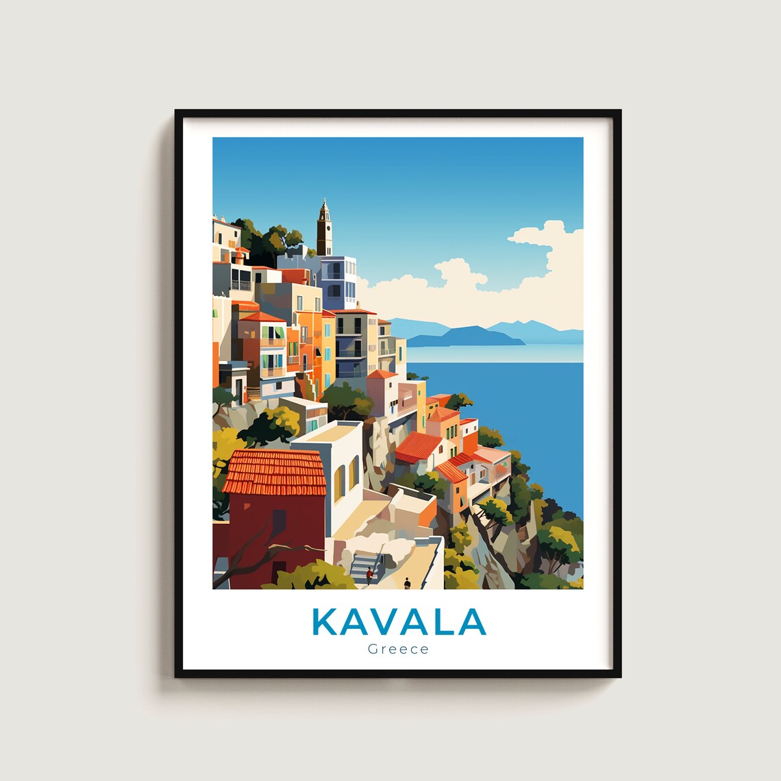 Kavala Greece Cliffside Colorful Houses Aegean Sea Travel Poster