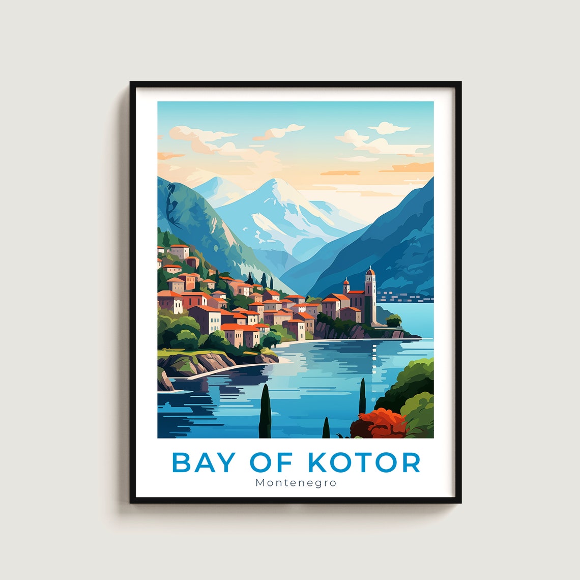 Bay Of Kotor Montenegro Poster Coastal Town Mountains Scene Art
