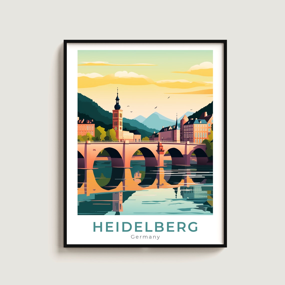 Heidelberg Germany Old Bridge River Sunset City Skyline Travel Poster