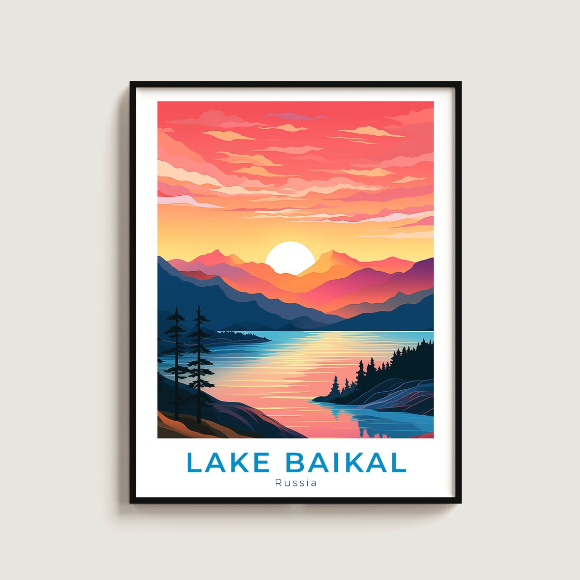 Lake Baikal Russia Golden Sunset Mountain Lake Travel Art Poster