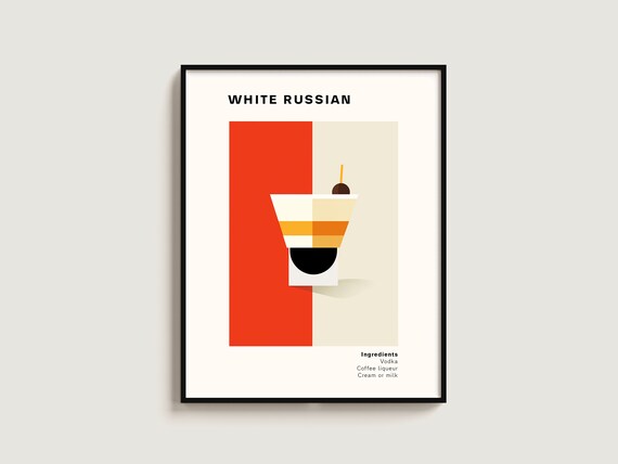 White Russian Cocktail Recipe Minimalist Illustration Bar Decor Poster
