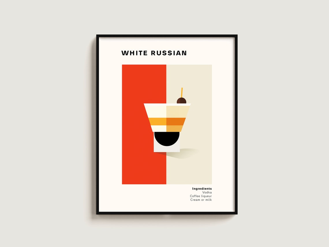 White Russian Cocktail Recipe Minimalist Illustration Bar Decor Poster